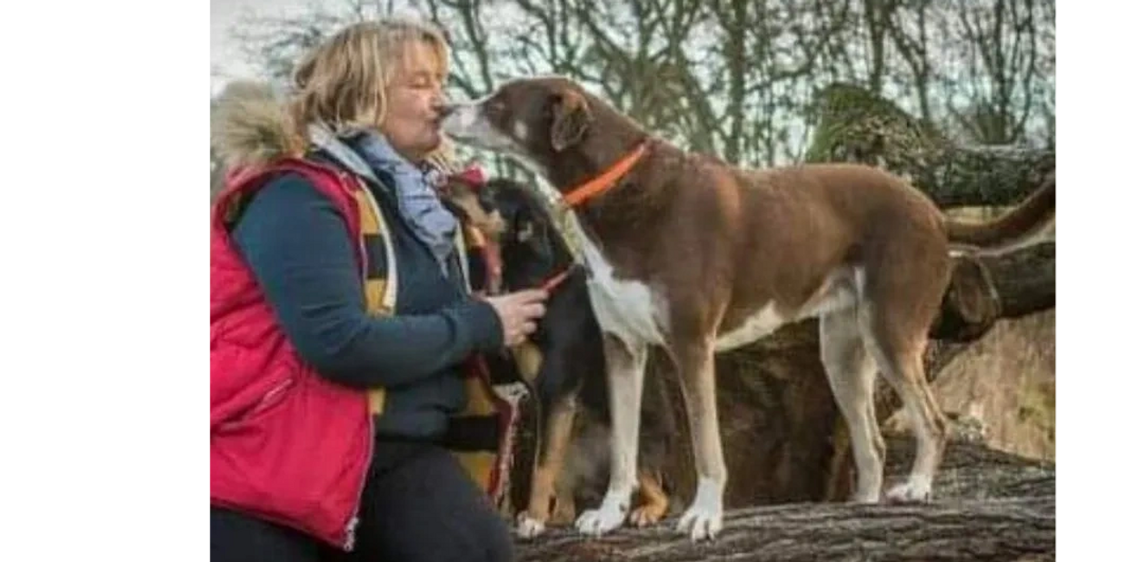 Woman sharing a tender moment kissing a dog outdoors on a log.