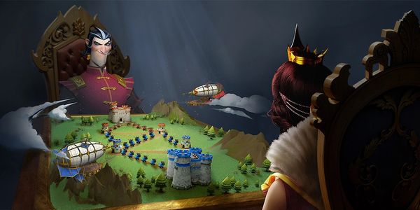 Two kings strategize over a detailed medieval battle map with castles and airships.
