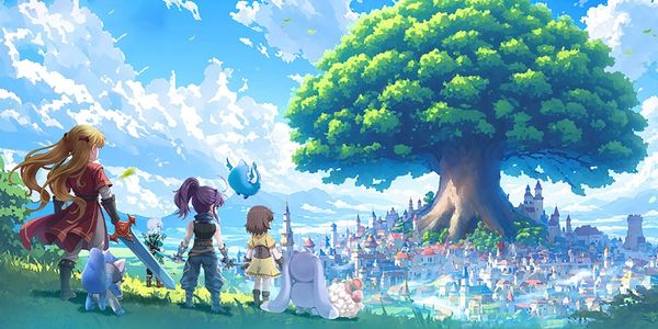 Adventurers gaze at a giant tree overlooking a vibrant fantasy city under a bright sky.