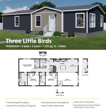 Three Little Birds house exterior and floor plan with 3 beds and 2 baths.