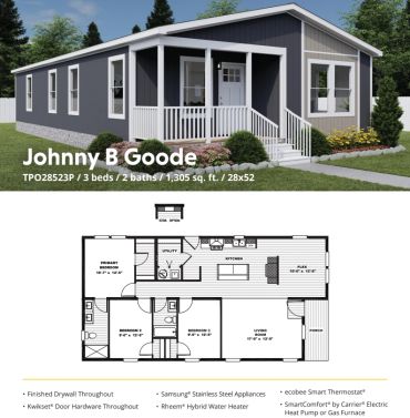 Modern manufactured home named Johnny B Goode with floor plan.