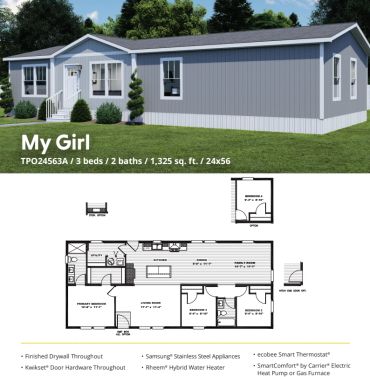 Exterior and floor plan of a 3-bed, 2-bath manufactured home.