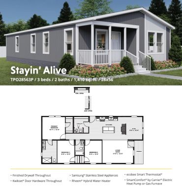 3-bedroom, 2-bath mobile home with porch and modern kitchen.