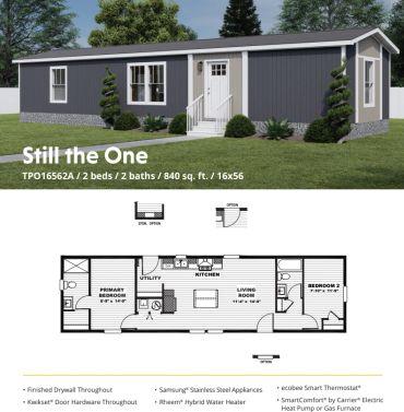 Exterior and floor plan of a 2-bedroom, 2-bath manufactured home.