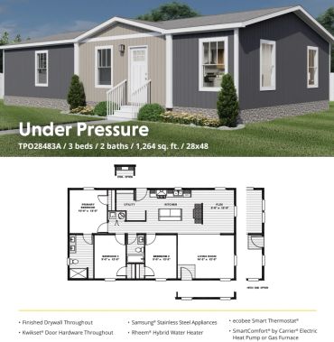 Three-bedroom modern house exterior and floor plan.