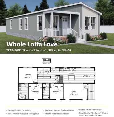 Modern manufactured home with floor plan and features.