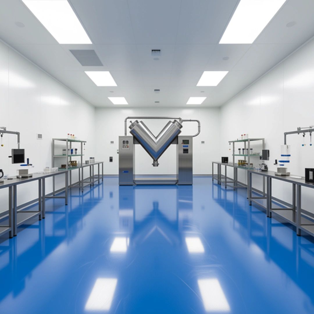 A clean, modern UK supplement manufacturer factory with stainless steel equipment and blue flooring.