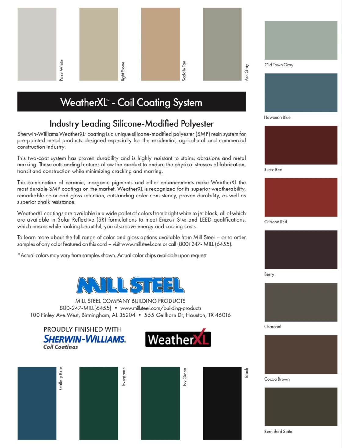 Color chart for Sherwin-Williams WeatherXL coil coating system with various colors and product details.