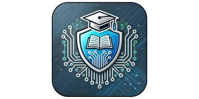 Digital education security icon with shield, book, and graduation cap.