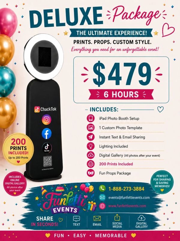 Deluxe photo booth package for $479 with 6 hours and 200 prints included.