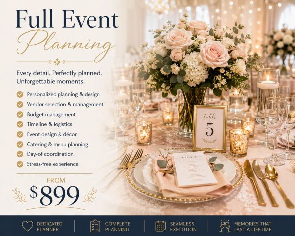 Elegant full event planning service with personalized design and stress-free experience from $899.
