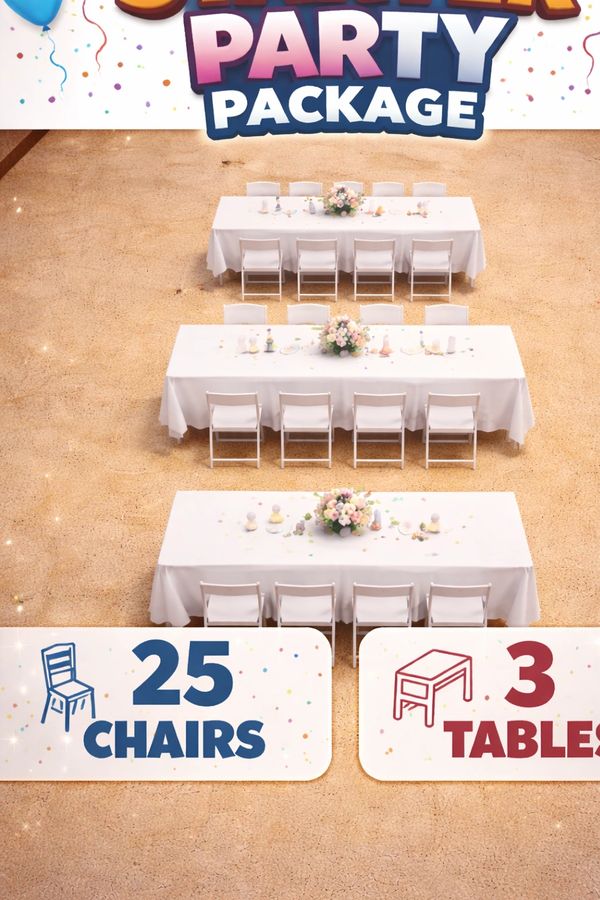 Party package with 25 chairs and 3 tables set for celebration.