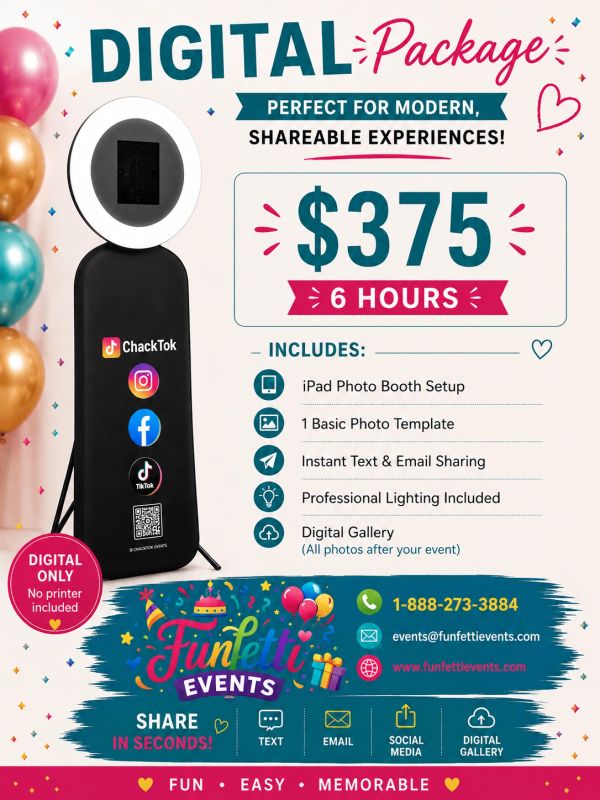 Digital photo booth package for $375 for 6 hours.