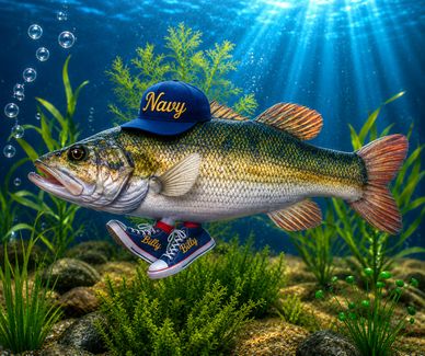 A fish wearing a Navy cap and sneakers underwater.