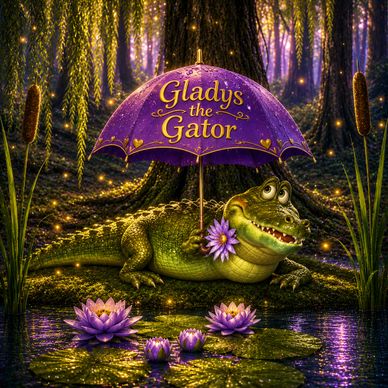 A charming alligator named Gladys holds a purple umbrella in a magical forest pond.