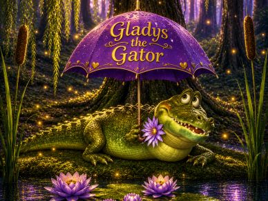 A charming alligator named Gladys holds a purple umbrella in a magical forest pond.