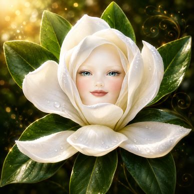 A surreal white flower with a human-like face in its center.