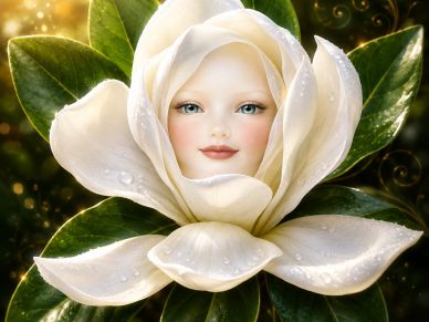 A surreal white flower with a human-like face in its center.