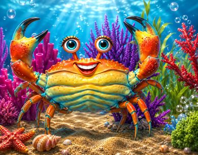 A colorful, smiling cartoon crab with big eyes under the sea.