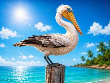 A pelican perched on a wooden post by the tropical beach under bright sun.