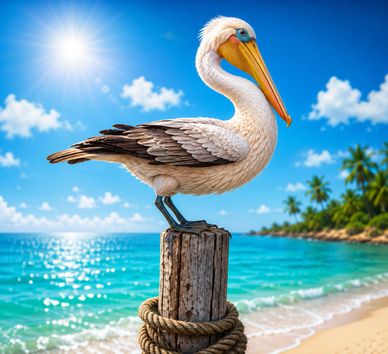 A pelican perched on a wooden post by the tropical beach under bright sun.