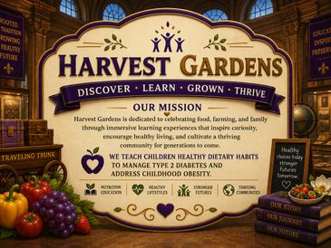 Harvest Gardens mission sign promoting healthy living and community education.