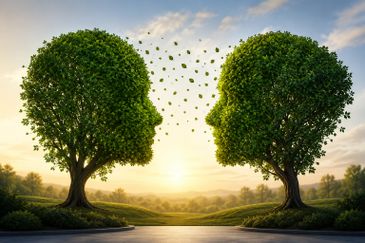 Two trees shaped like human faces exchanging leaves under a sunset.