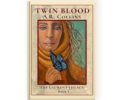 Book cover of "Twin Blood" by A.R. Collins with a woman and a butterfly.