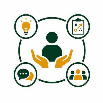 Hands protecting a person surrounded by icons of ideas, strategy, communication, and teamwork.