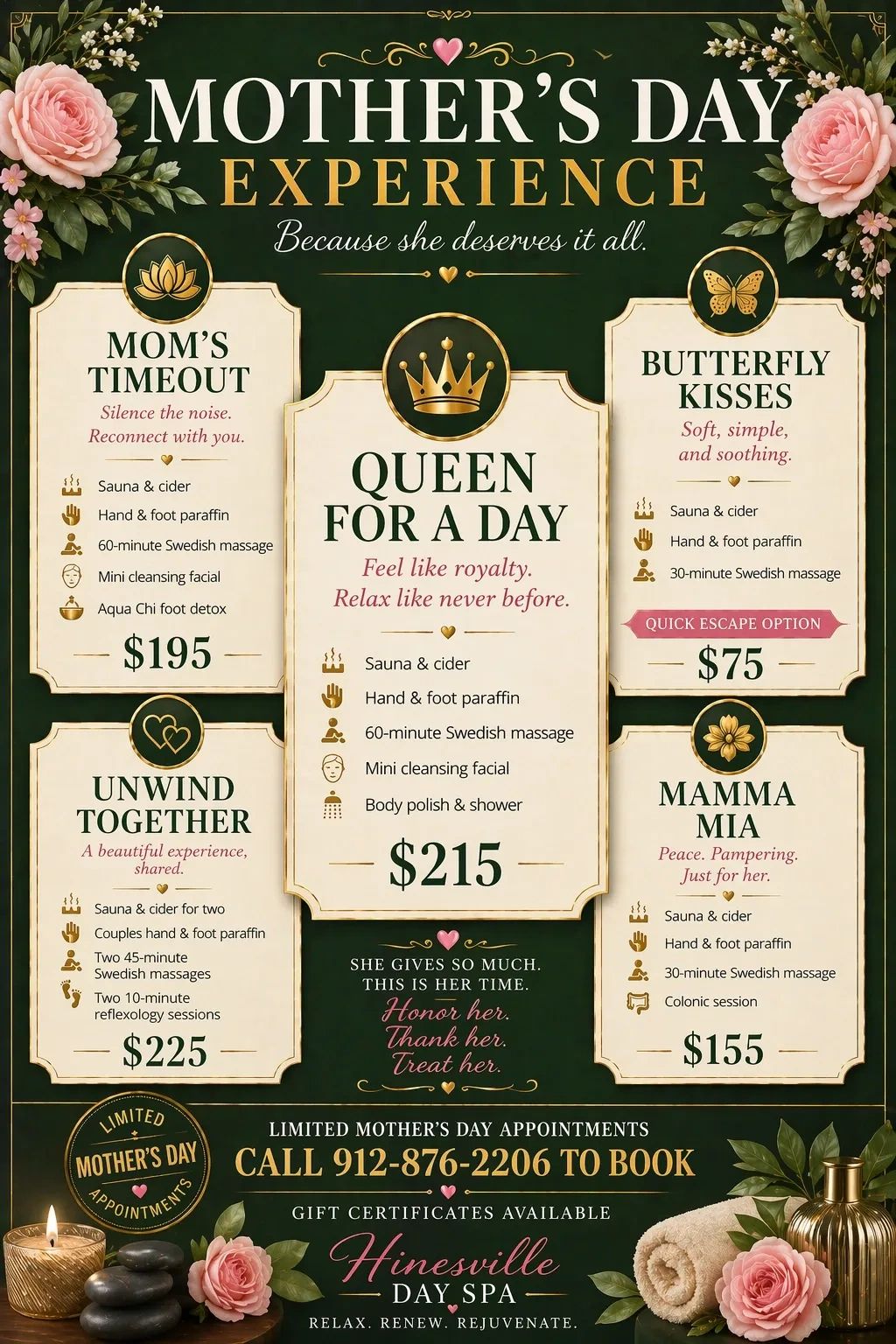Mother's Day spa experience packages with massages, facials, and relaxation treatments.