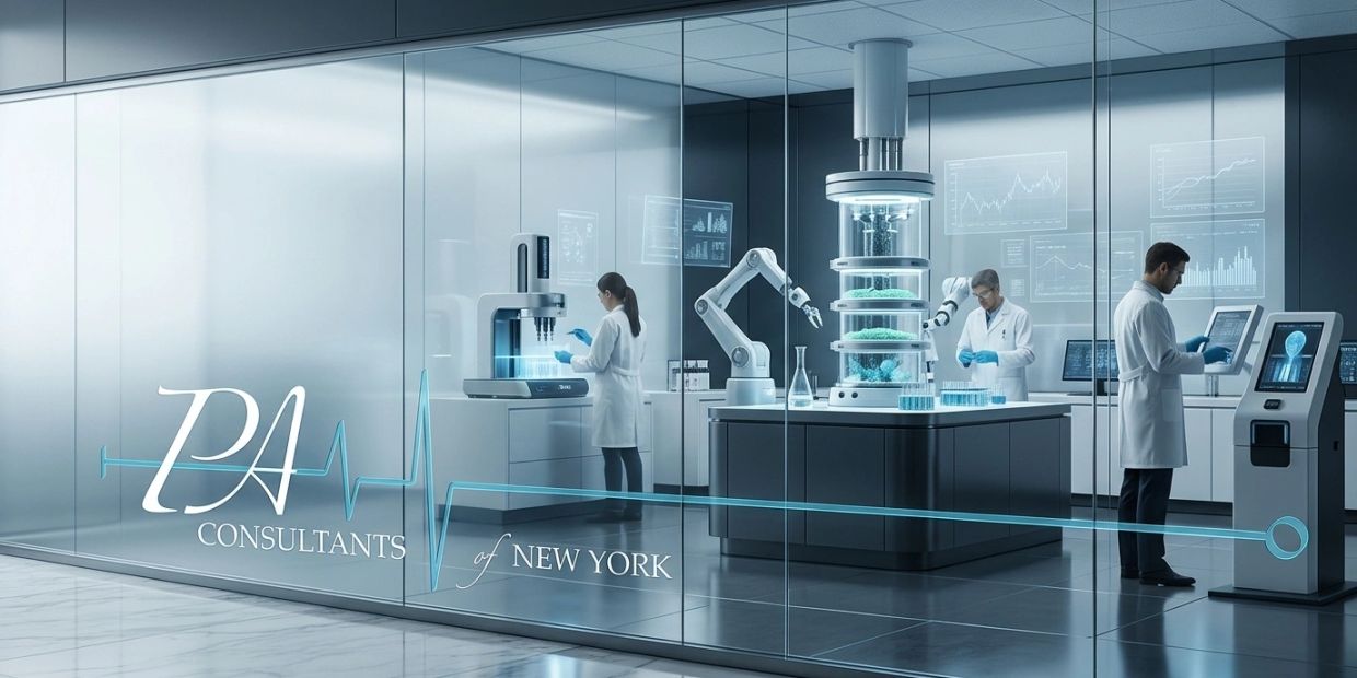 Scientists working in a high-tech futuristic laboratory with robotic arms and digital screens.