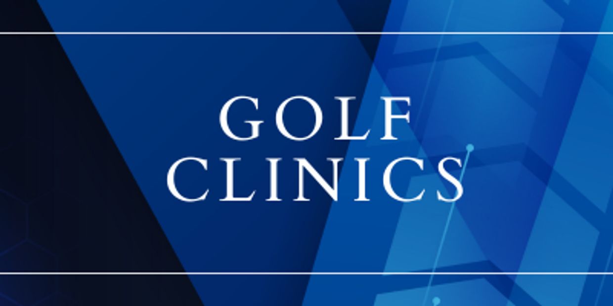 Text saying Golf Clinics on a blue background.