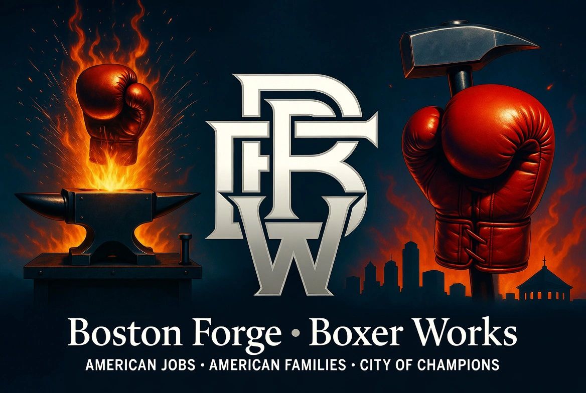 Fiery boxing glove and hammer symbolize Boston Forge and Boxer Works.