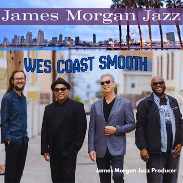 James Morgan Jazz band posing in a city alley with urban skyline.