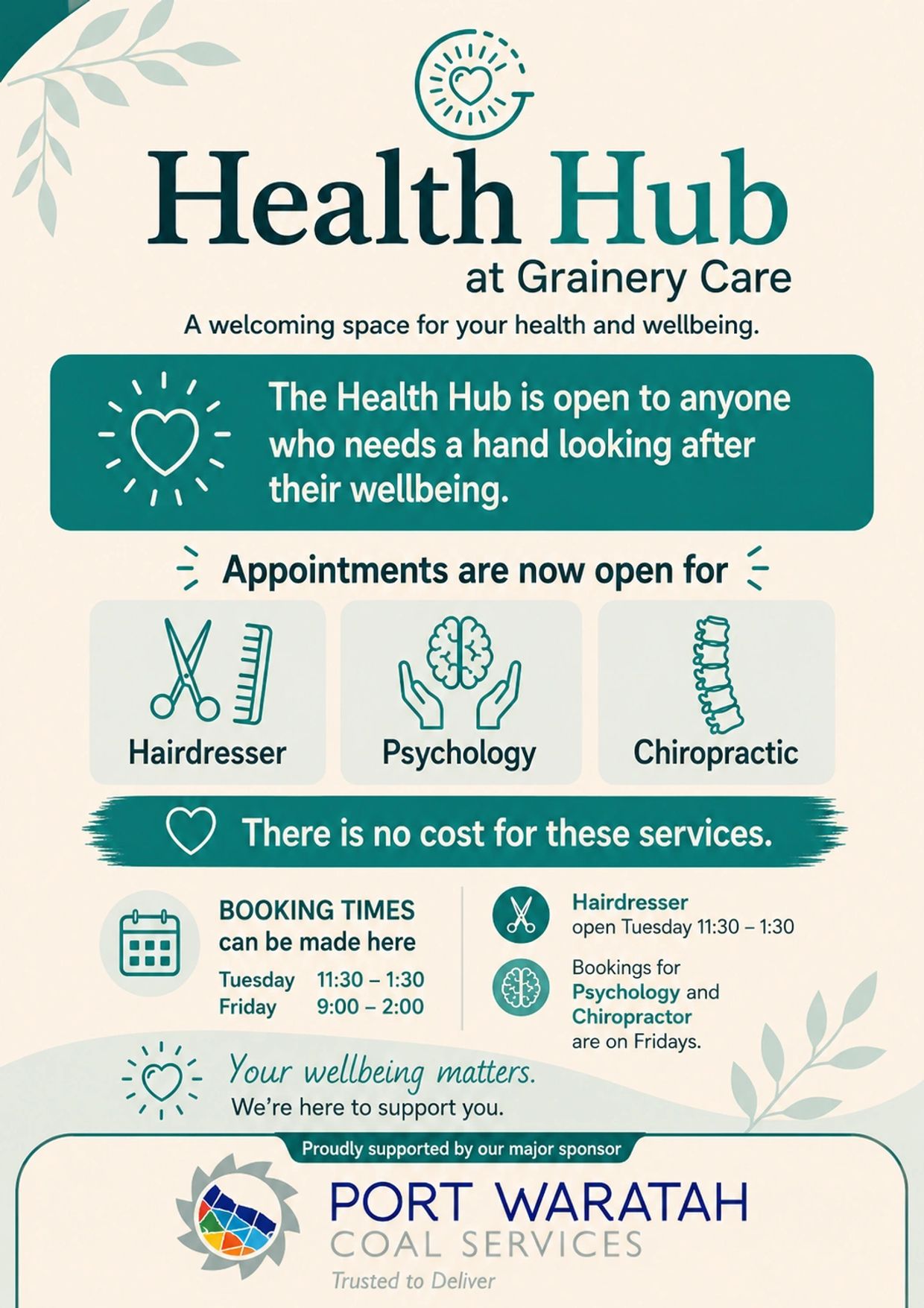 Health Hub offers free appointments for hairdresser, psychology, and chiropractic care.