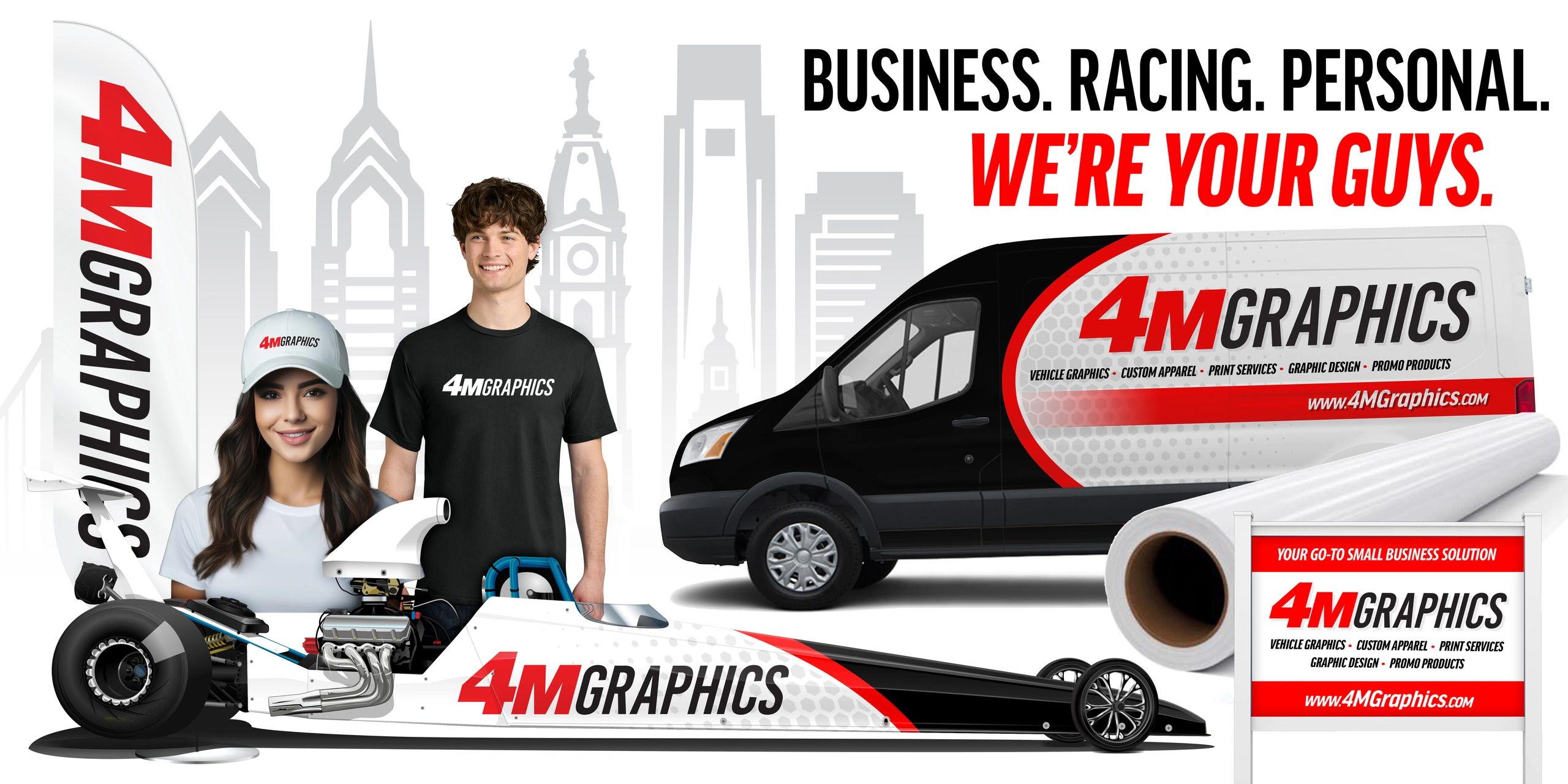 4M Graphics vehicle wrap racing graphics on super comp dragster embroidery apparel screen printing 