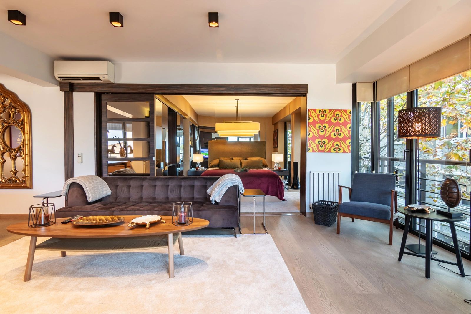 Living room opening onto the master bedroom in Penthouse 403, Deger 16, Nişantaşı