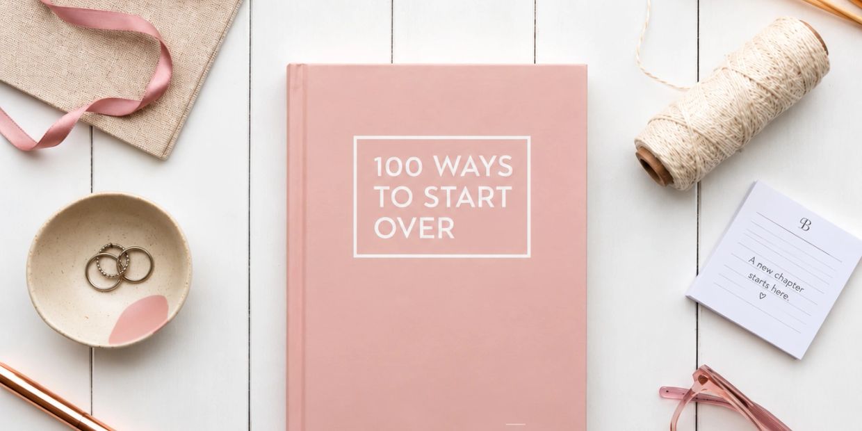 Pink book titled '100 Ways to Start Over' on a white table.
