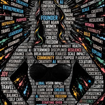 Silhouette of a person filled with motivational words and colorful splashes.