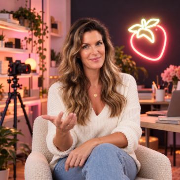Woman sitting in cozy room with neon strawberry sign.