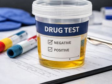A urine sample cup labeled for drug testing with both negative and positive boxes checked.