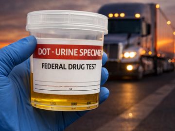 Gloved hand holding a urine specimen cup for federal drug test with a truck in the background.