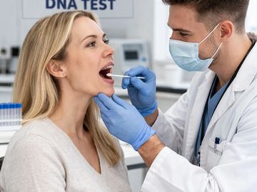Doctor taking a DNA sample from a woman with a swab.