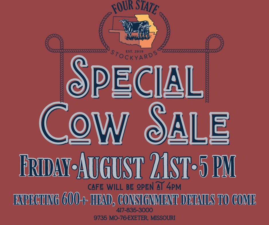 Special Cow and Bull Sale on August 21st at Four State Stockyards in Exeter, MO.