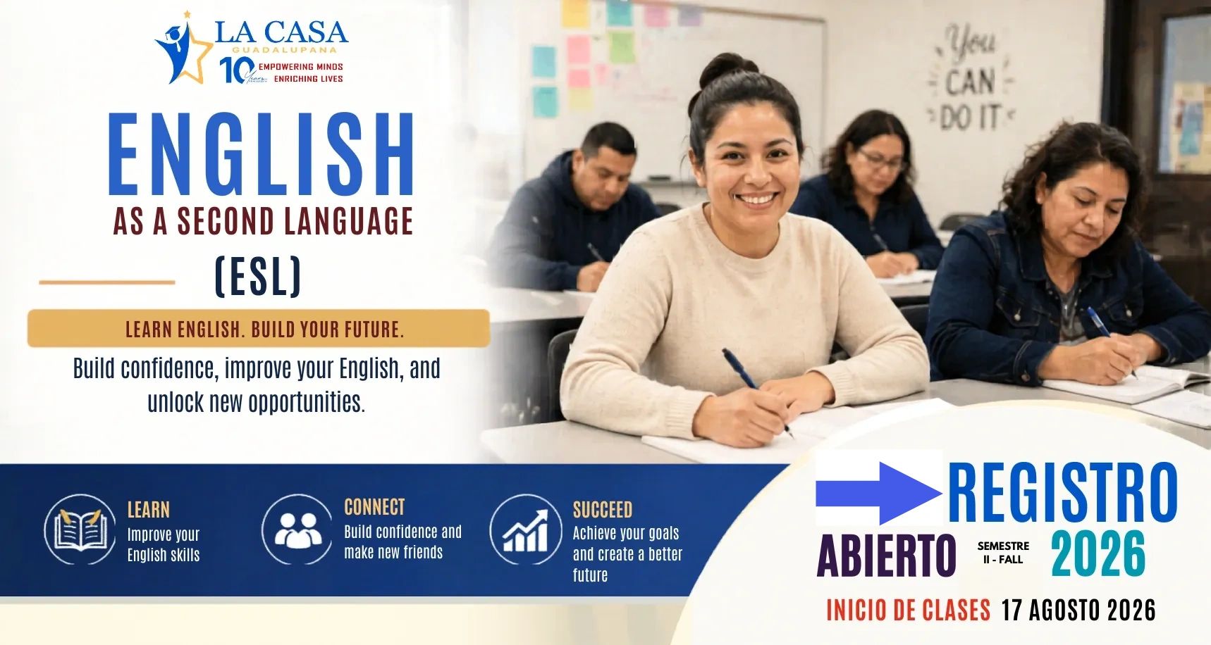 Adults learning English as a second language in a supportive classroom setting.