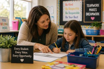 Teacher helps young student with writing in a supportive classroom setting.