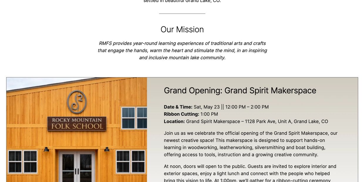 Exterior view of the Rocky Mountain Folk School building with wooden facade and signage.