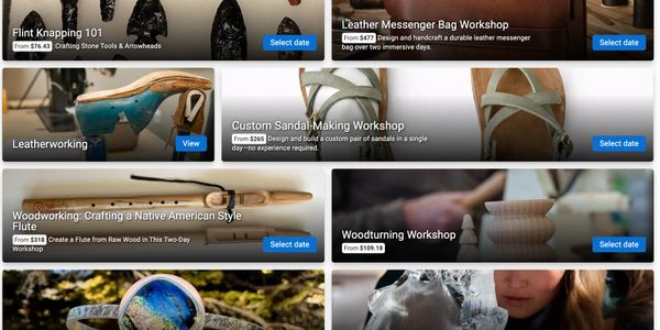 Various artisan workshops featuring leatherworking, flint knapping, woodworking, and custom sandal-making.