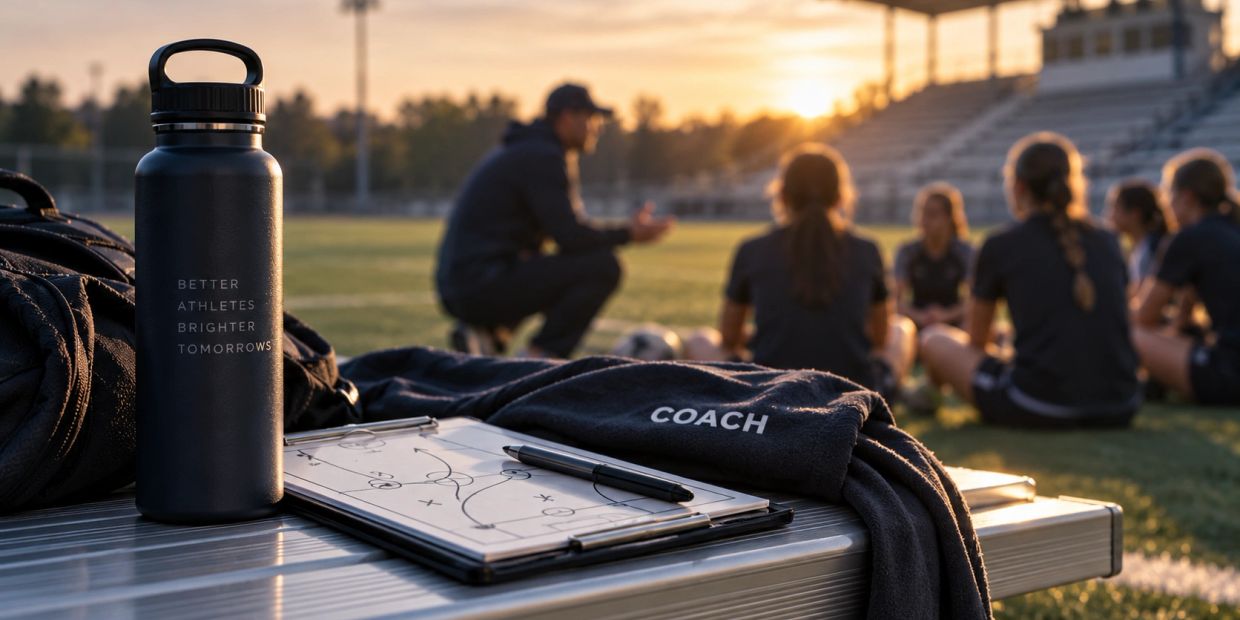 Coach briefing young athletes on a sports field at sunset.