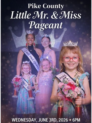 Young winners and contestants of Pike County Little Mr. &amp; Miss Pageant with trophies and crowns.